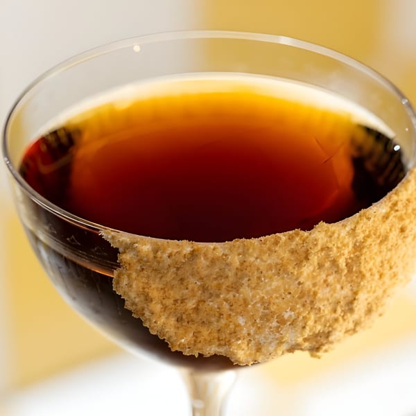 Close-up of a dark cocktail in a martini glass with a thick, textured, light brown rim.